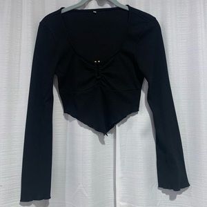 Women's Long Sleeve Knit Ribbed Crop Top Square Neck Asymmetrical Hem Tee